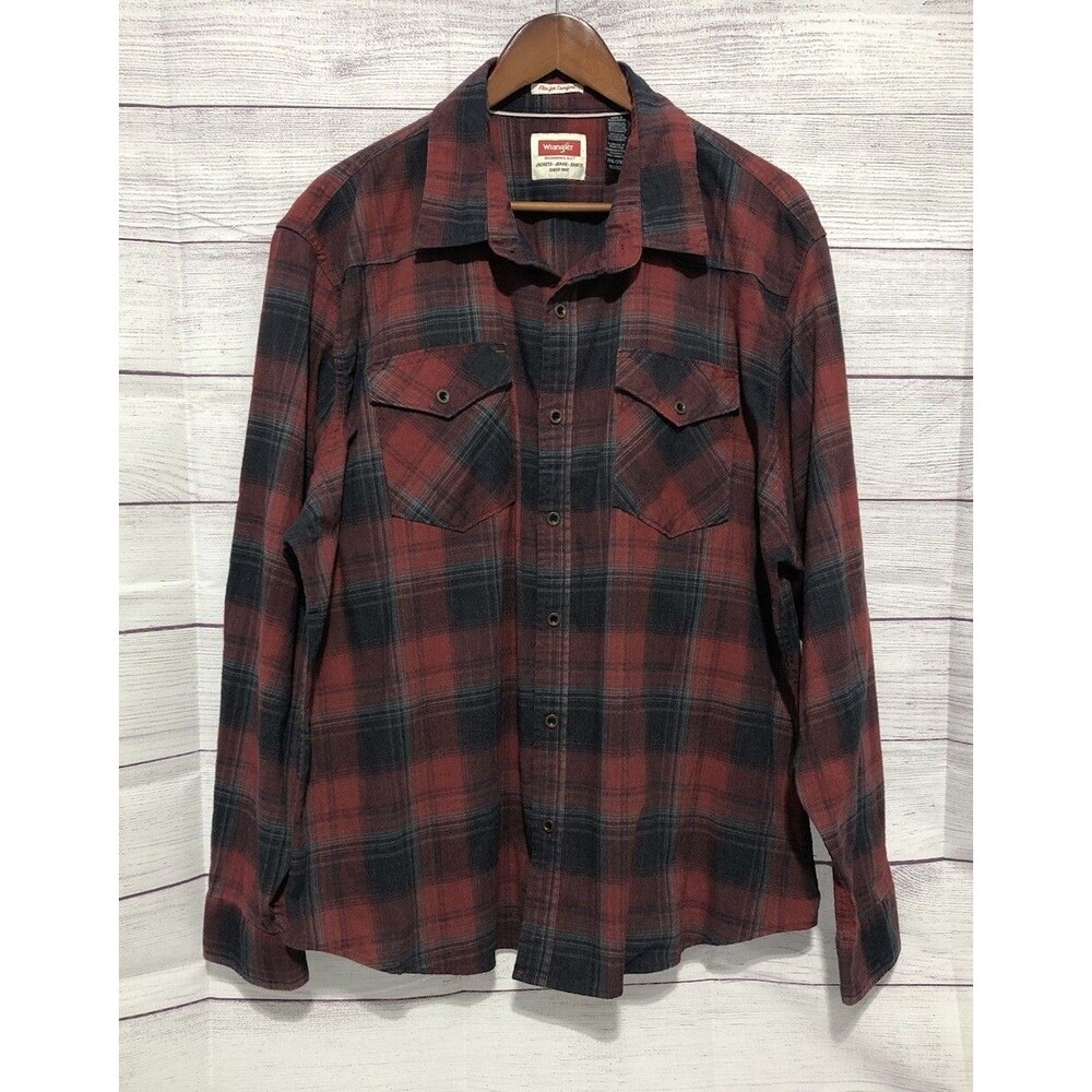WRANGLER BUTTON FRONT WESTERN SHIRT Mens 2XL Flex For Comfort Red/Grey Plaid EUC